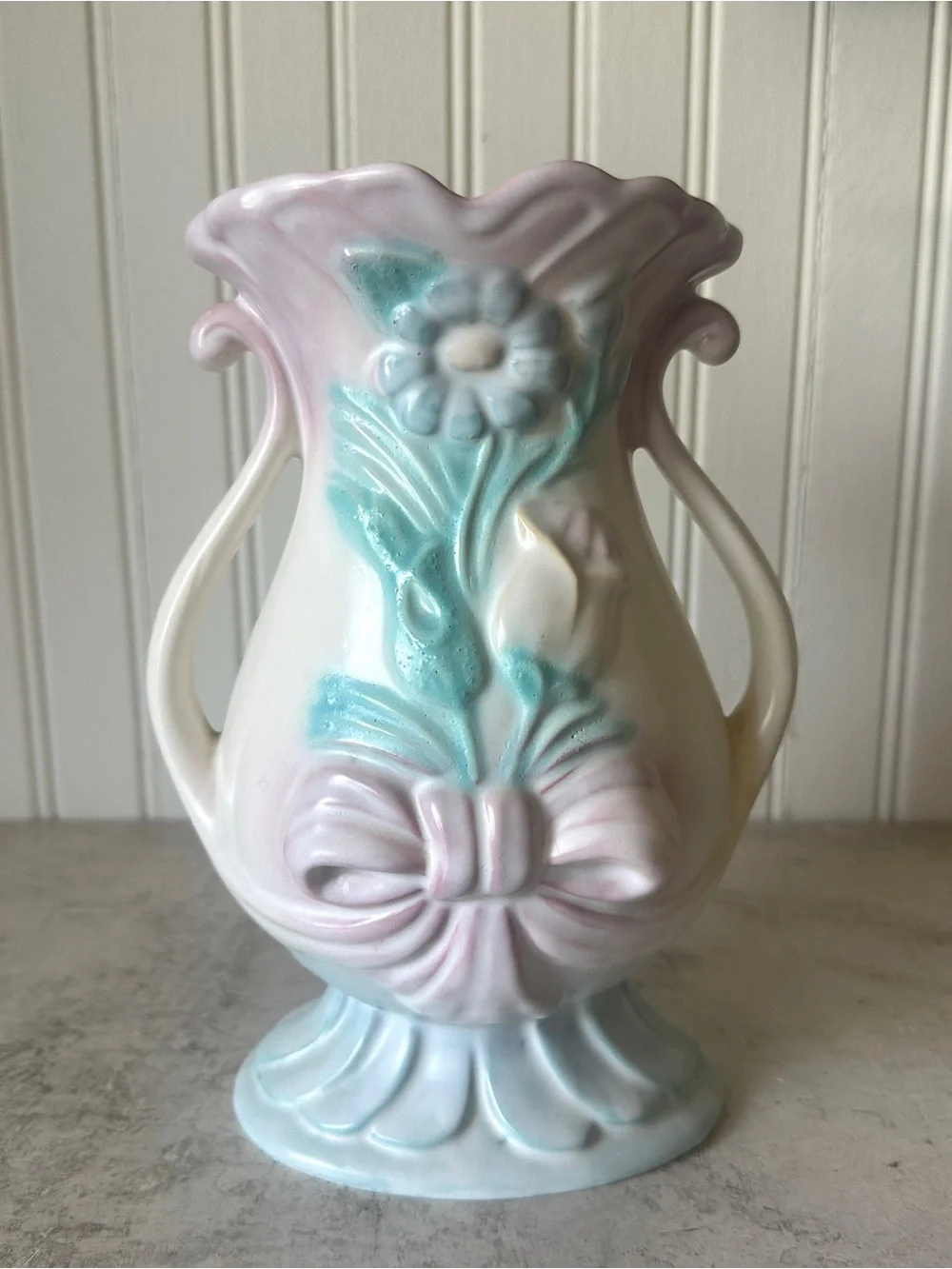 Hull Pottery Bow Knot Blue & Pink B-7 Vase Floral 8.75” Handles Vintage 1949 EUC